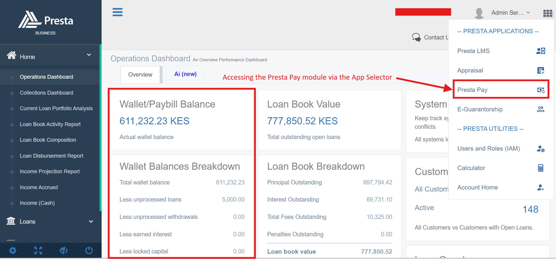Figure 5.1a The Operations Dashboard featuring real-time wallet balances and access to the Presta Pay module.